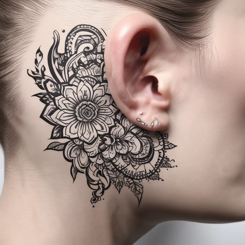 ornamental flower ear tattoo tatuaż