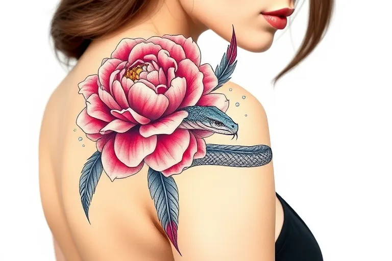 Peony tattoo draft. The position is on the outside of a woman's upper arm. The peony is on the shoulder, interspersed with a feathered snake. tatuaje