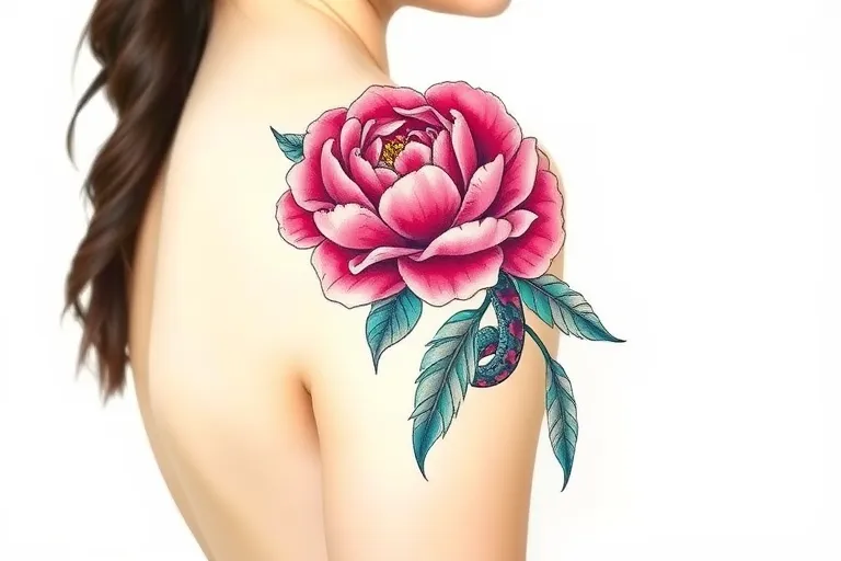 Peony tattoo draft. The position is on the outside of a woman's upper arm. The peony is on the shoulder, interspersed with a feathered snake. tatuering