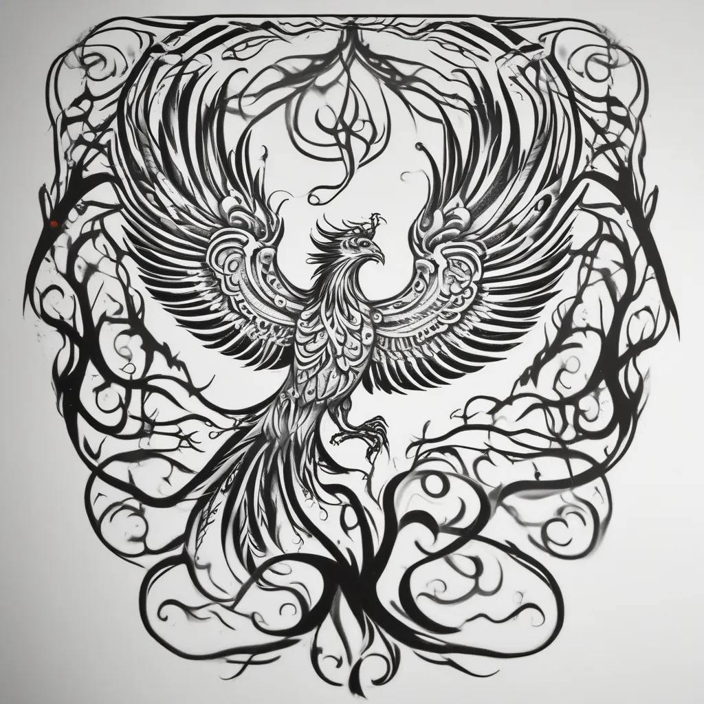 Pheonix rising from flames that engulf tree of life tatouage