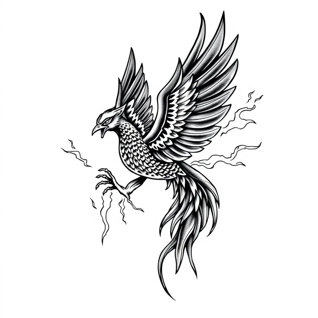 Ave Fenix volando con llamas y rayos al rededor con un fondo griego. tatuering