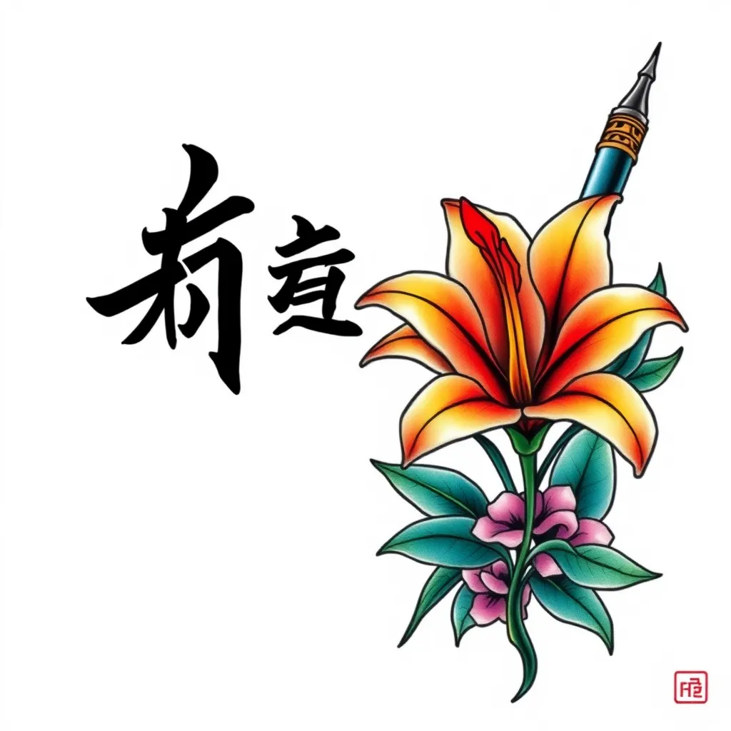 Phrase avec plume et lys 纹身