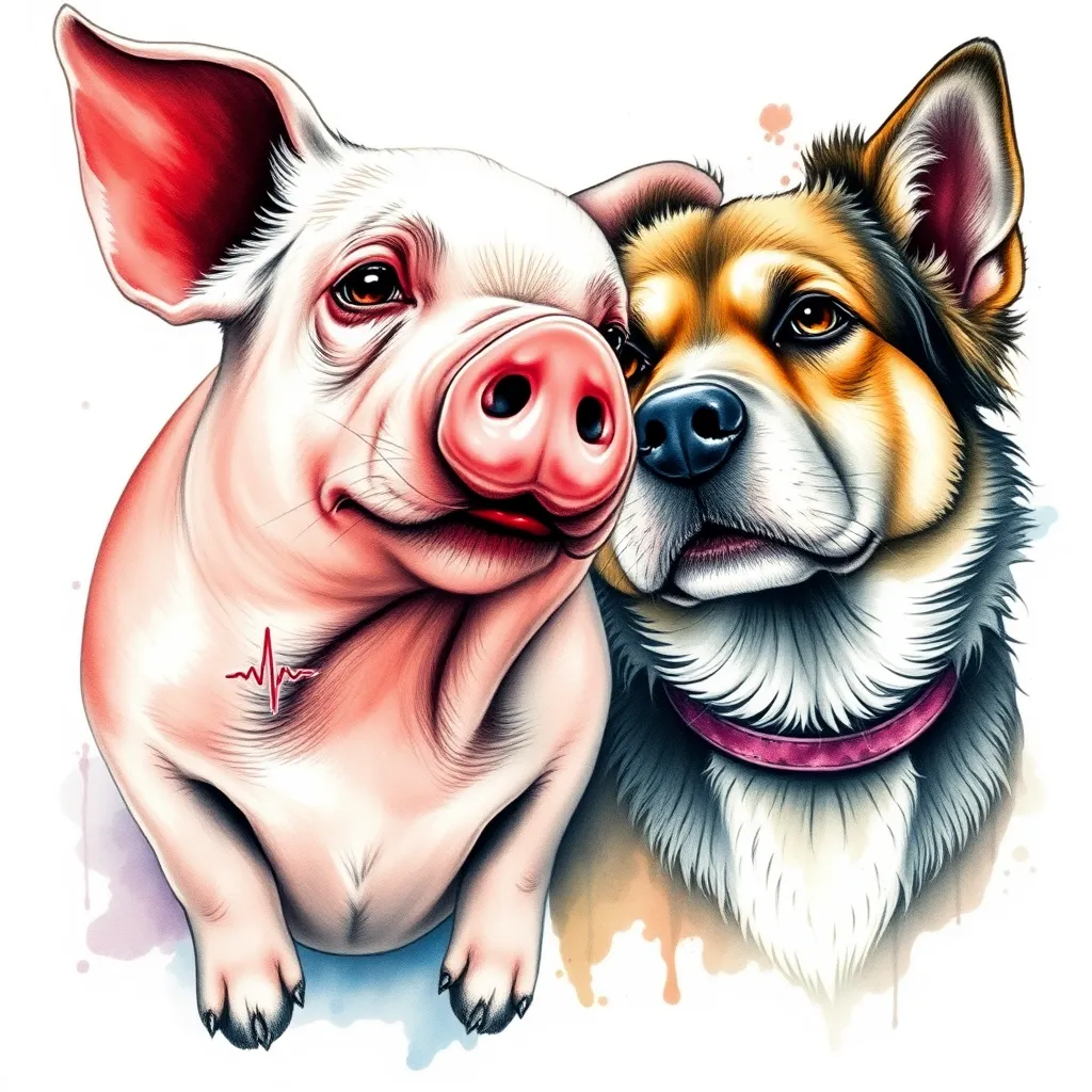 pig and dog portrait with ECG татуировка