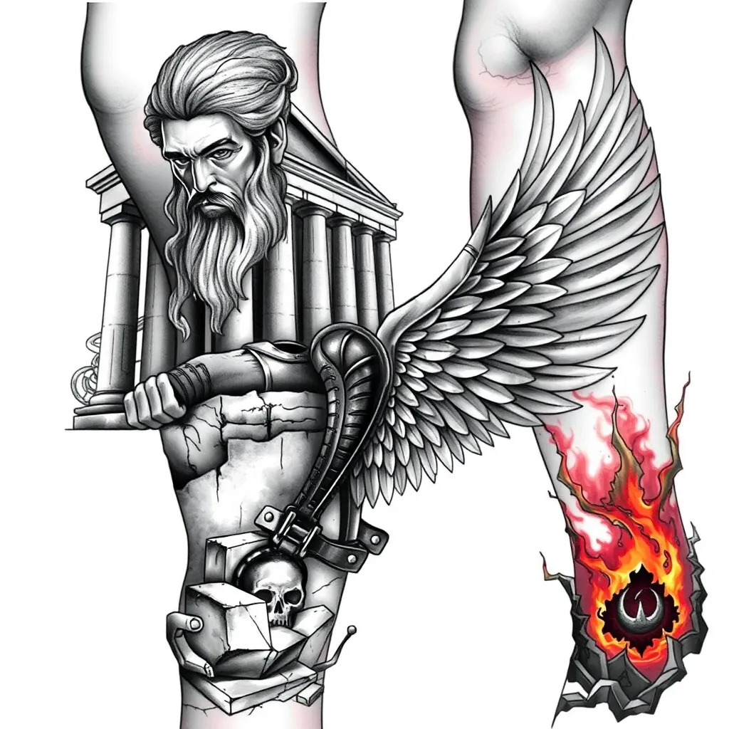 Punkt 1 mit dem Titan Kronos, im Hintergrund ein Tempel der die sich Ober den kompletten Oberschenkel zieht. Dazu die Hook von dem Song Erfolg ist kein Glück auf einer Marmorplatte Zeichen Kronos und dem Knie Im Kniebereich Rüstungsteile von Leonidas und Cäsar auf einem zerbrochenen Podest, Schienbein ein Riss zur Hölle mit passenden Motiven für das Sleeve. Bedenke ich habe ein Flügel Tattoo auf der Rückseite der Wade 문신