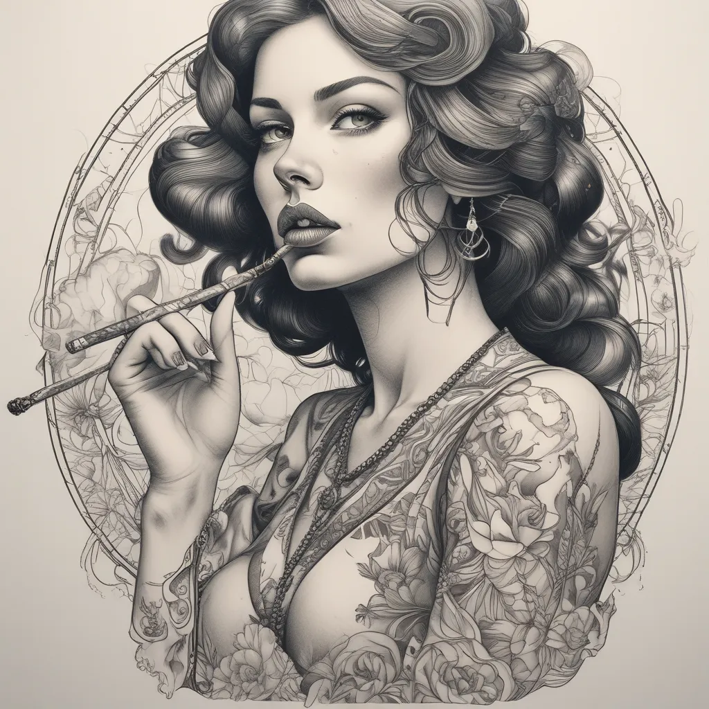 Portrait d'une femme qui fume une cigarette avec un style de trait fin non réaliste tattoo