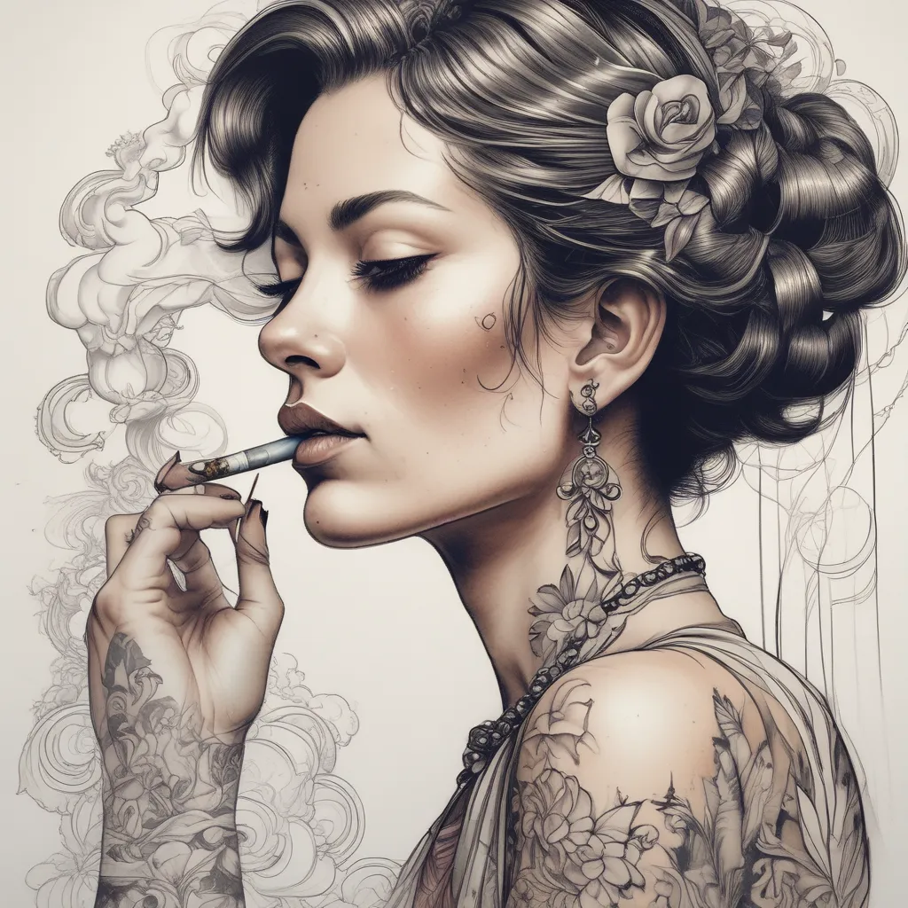 Portrait d'une femme qui fume une cigarette avec un style de trait fin non réaliste टैटू