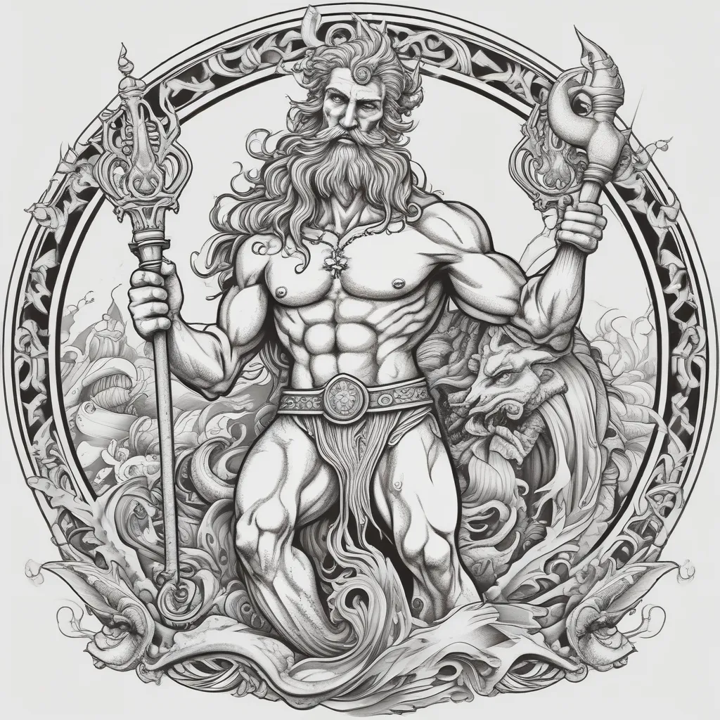 Poseidon holding trident and mermaid 纹身