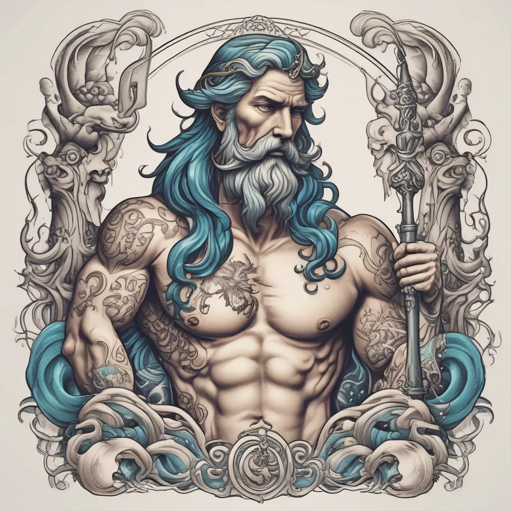 Poseidon holding trident and pisces element tatuaggio