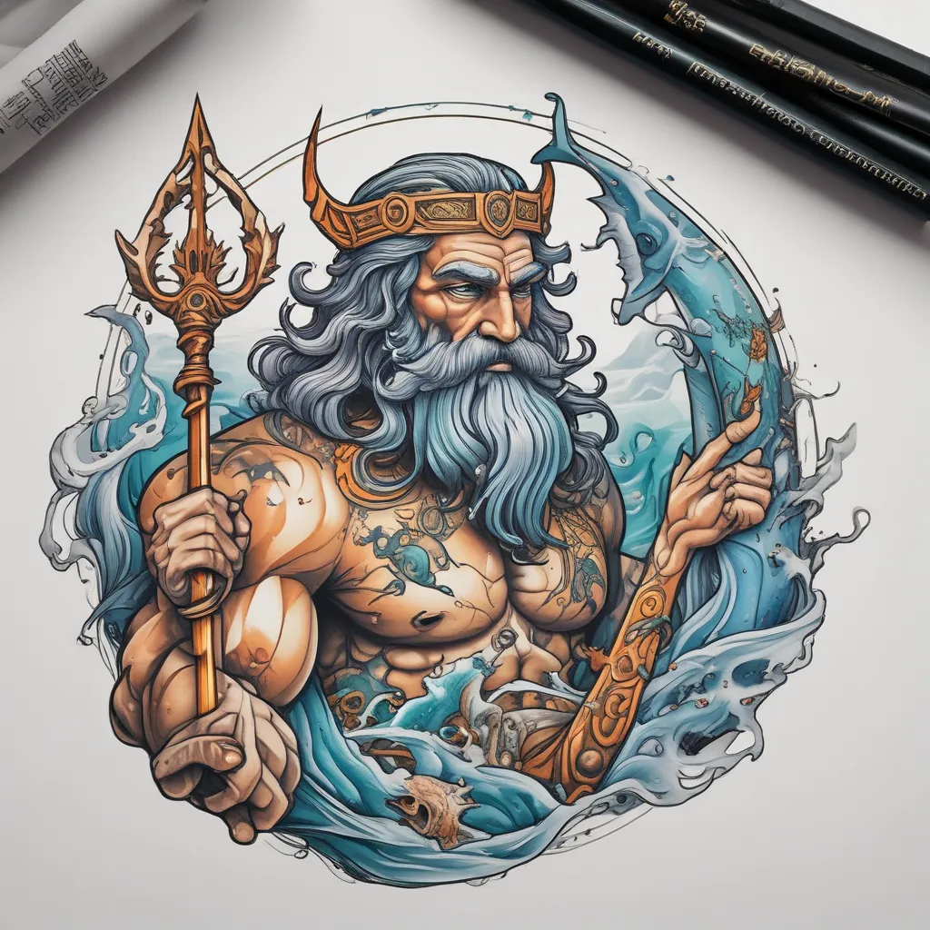 Poseidon holding trident and Pisces 문신