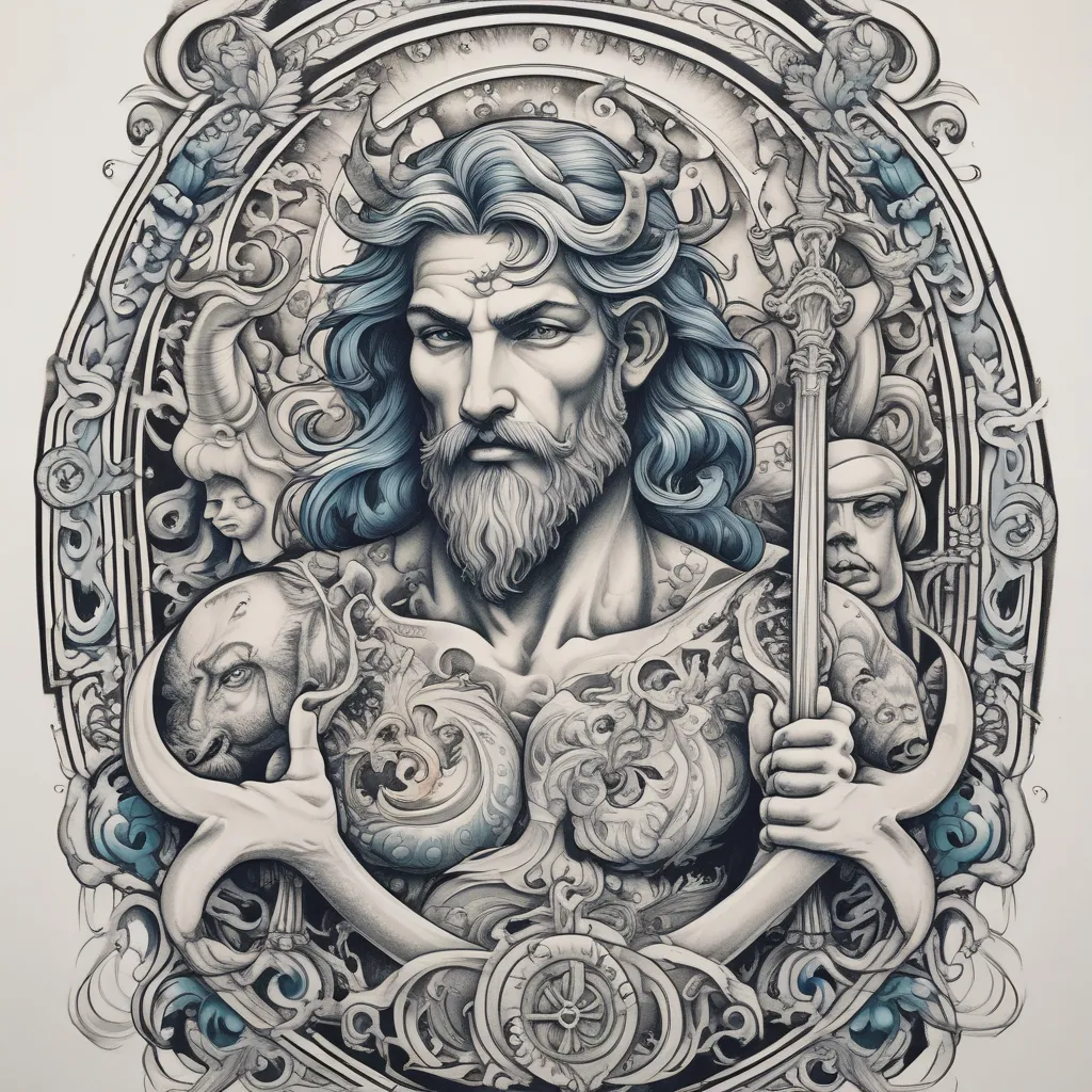 Poseidon holding trident and pisces tatoeage