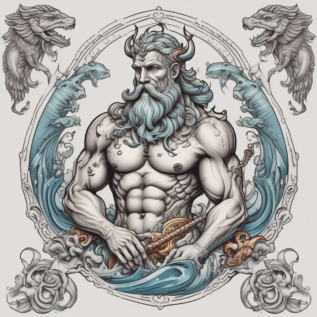 Poseidon holding trident and two fishes tatuaje