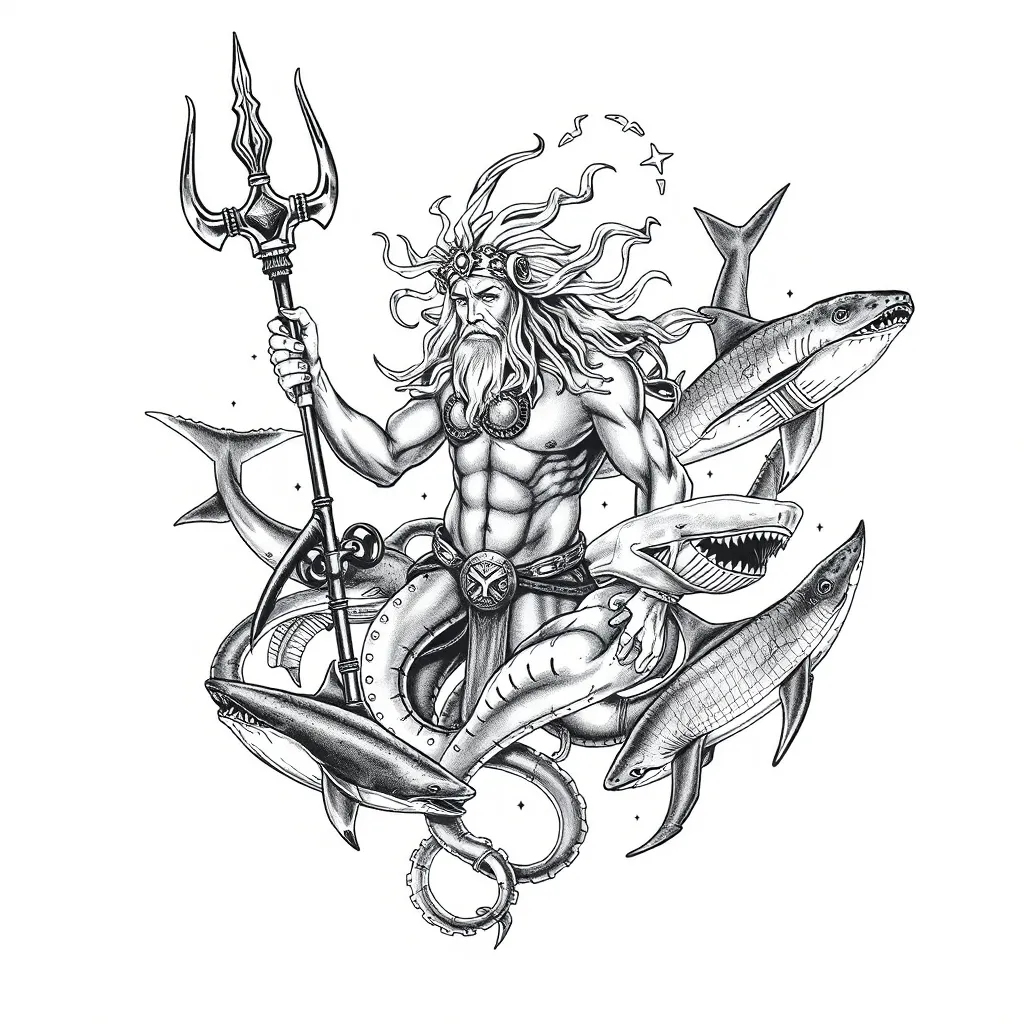 Poseidon with sea animal such as manta and whale and shark dövme