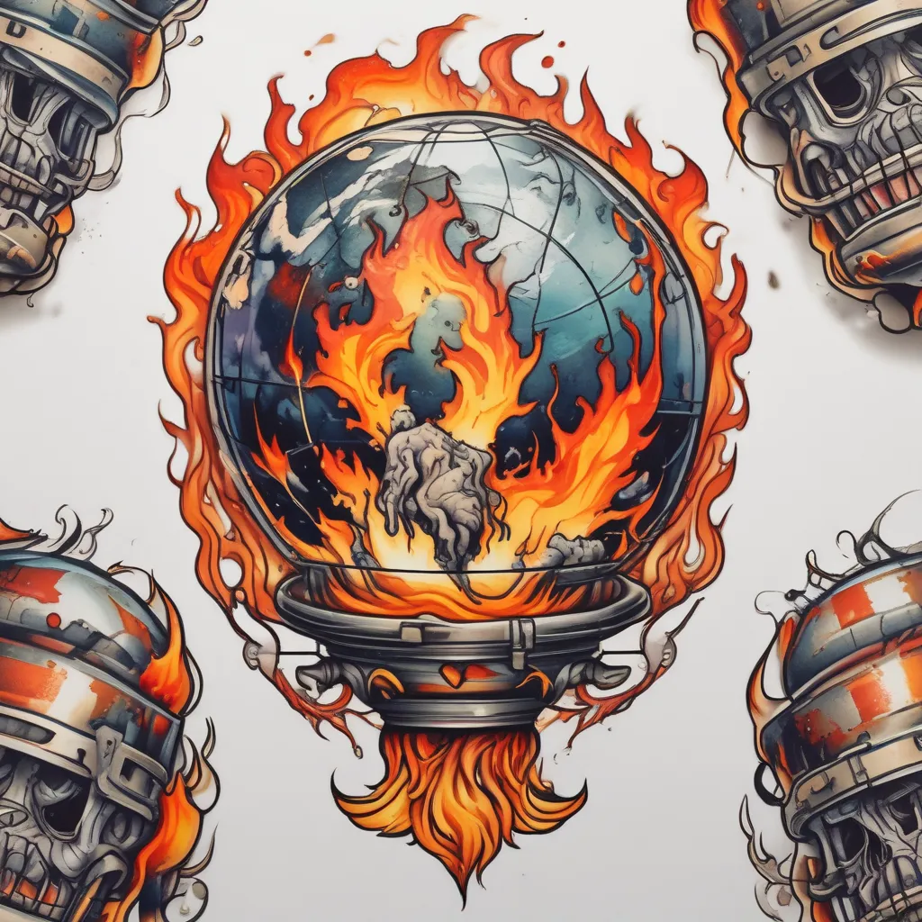 Postapocalyptic globe on fire tatuagem