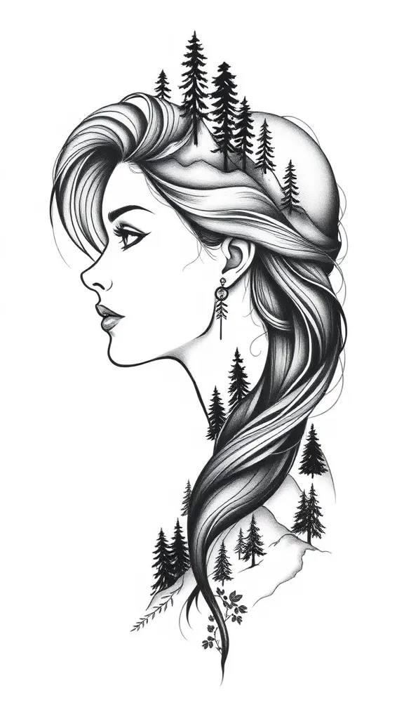 perfil de una mujer elegante y bella y que de su pelo salga naturaleza (arboles, montañas, vegetacion,...) tattoo