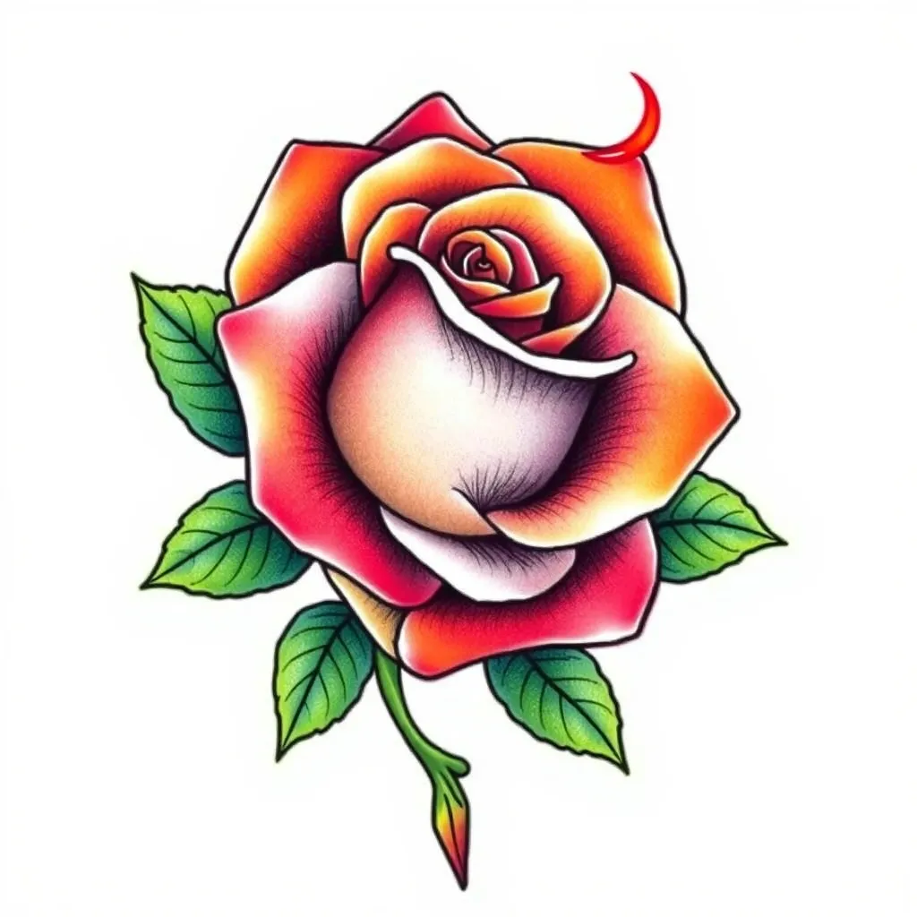 "prompt": "A tattoo design featuring a perfect fusion of a rose and a rainbow, with both elements in a balanced 1:1 ratio. The rose and rainbow should blend seamlessly, creating a harmonious and vibrant aesthetic. The rose should be intricately detailed, while the rainbow should be colorful and flowing, curving around or intertwining with the petals of the rose.",
"size" Tätowierung