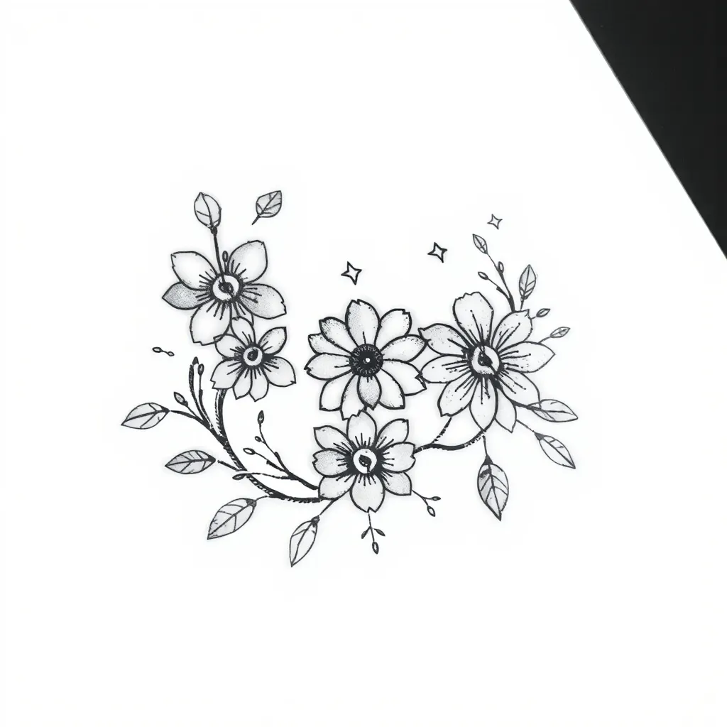 Prompt für ein Fine-Line-Tattoo Design:*
„Erstelle mir ein elegantes, schwarzes Fine-Line-Tattoo Design, das an einer weniger sichtbaren Körperstelle gestochen werden kann. Das Design soll für die Geburt meines Kindes, die überstandenen Kämpfe und die Liebe zu meinem Mann stehen. Es soll subtil, aber bedeutungsvoll sein, und eine feine Balance zwischen Stärke und Liebe vermitteln. Das Tattoo darf nicht zu groß sein und sollte symbolische Elemente enthalten, die sowohl den Beginn eines neuen Lebens (wie ein zartes Symbol für Geburtsprozess oder Wachstum) als auch die überstandenen Herausforderungen (wie ein kleines, kraftvolles Element, das Widerstand oder Überwindung symbolisiert) widerspiegeln. Füge symbolische Motive wie Blumen, Sterne, geometrische Formen oder minimalistische Darstellungen von Verbundenheit und Stärke ein. Das Design soll modern, aber zeitlos wirken. dövme