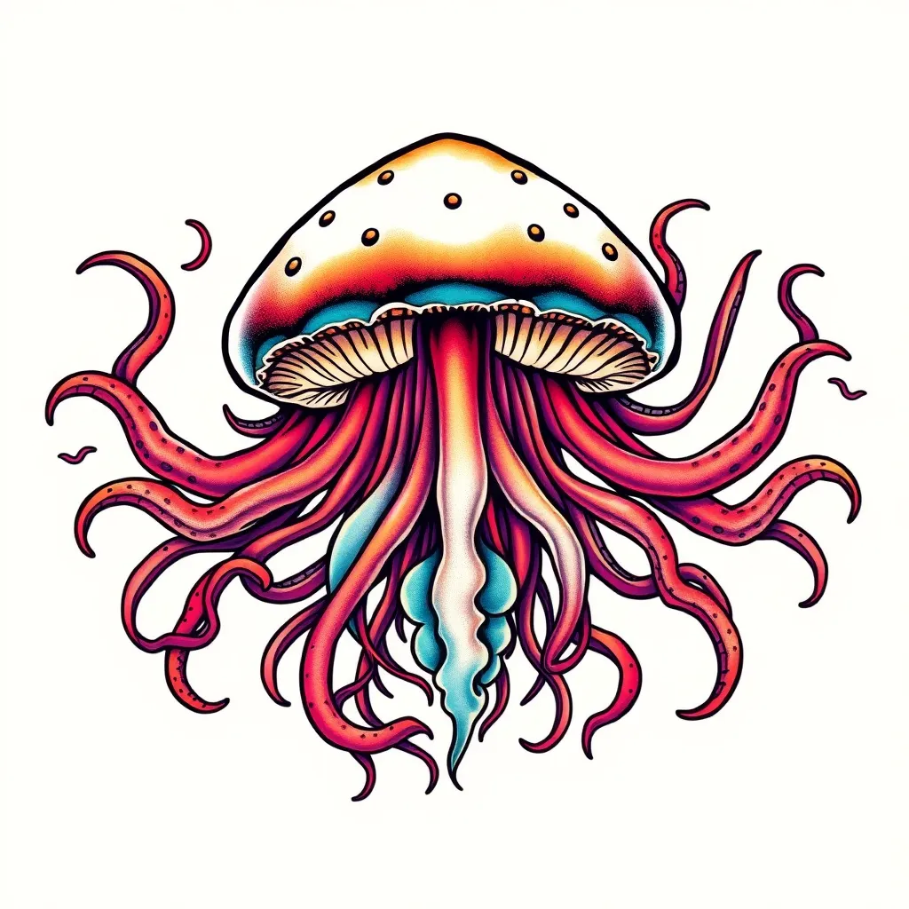 Psychedelic mushroom like jellyfish spread out tentacles 纹身