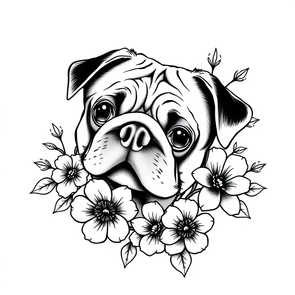 Pug and flowers  tattoo