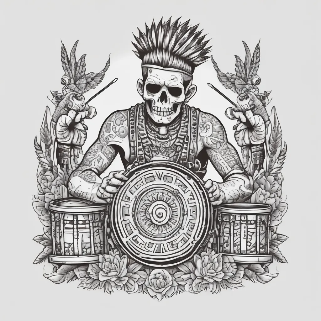 Punk drummer,vinyl and weed background, Mayan stile tattoo, dövme