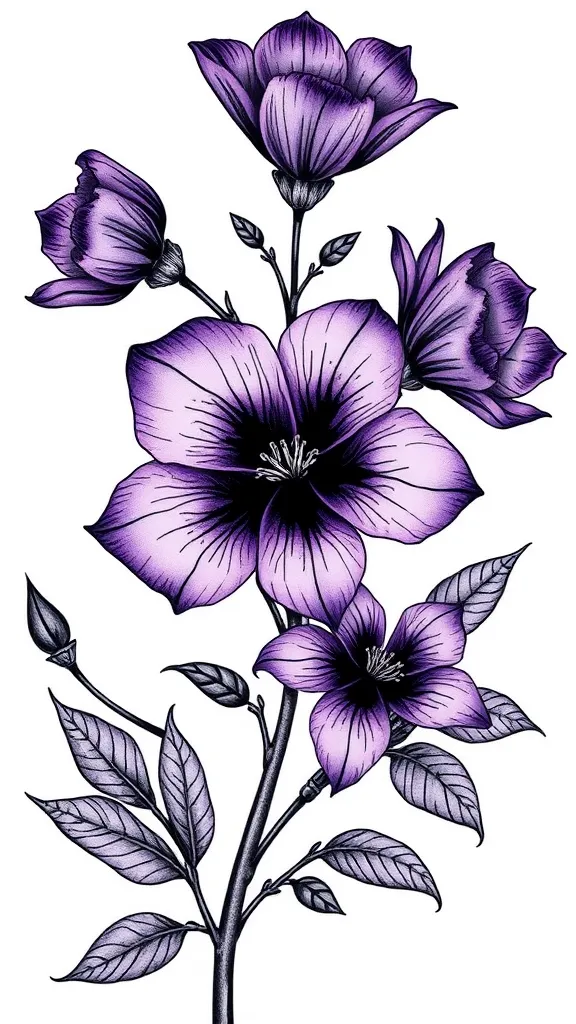 Fleur violette avec tiges tattoo