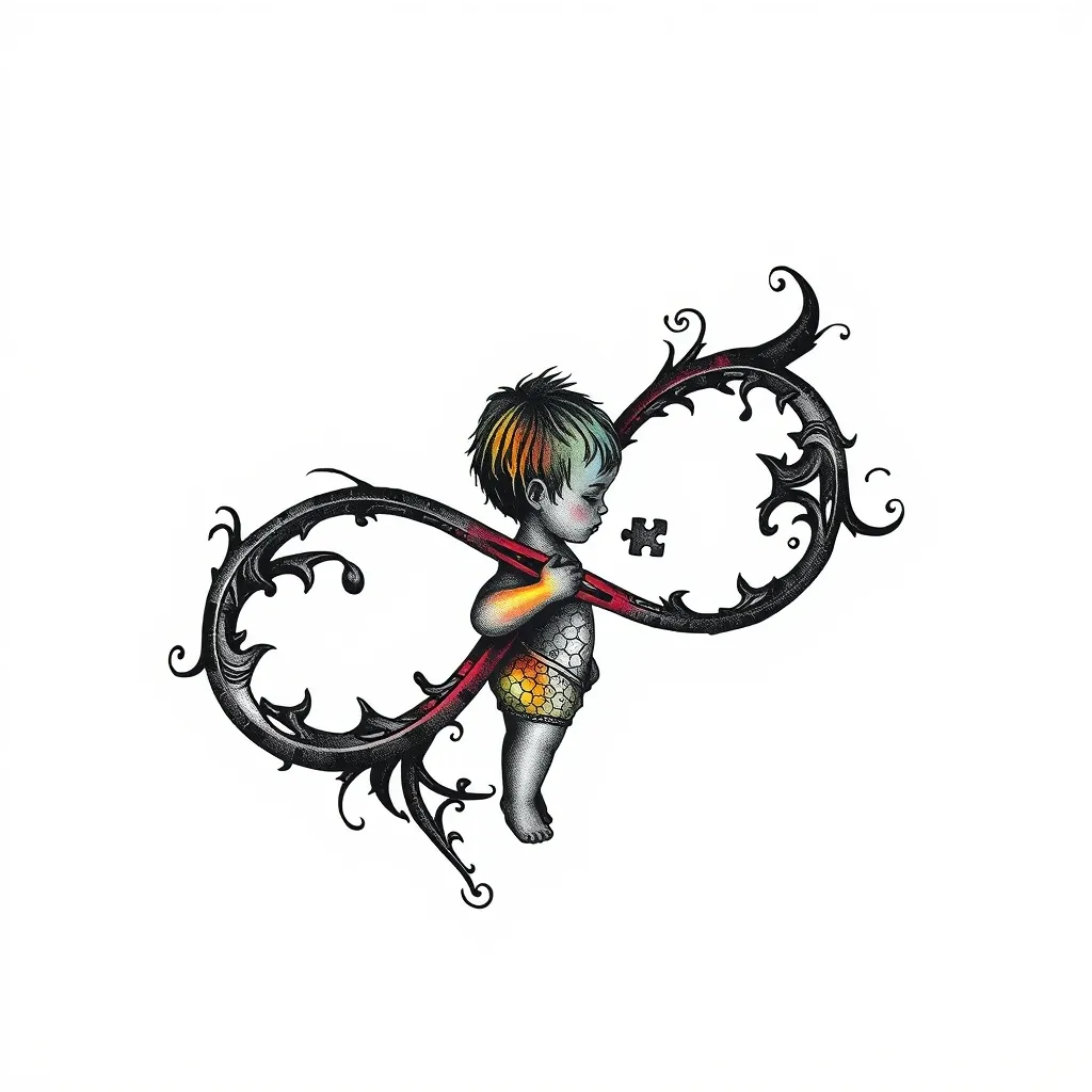 SIMBOLO DEL INFINITO EN COLORES DEL ARCOIRIS DENTRO DEL SIMBOLO SILUETA DE UN NIÑO Y UNA PIEZA DE ROMPECABEZAS 3D tatuaggio