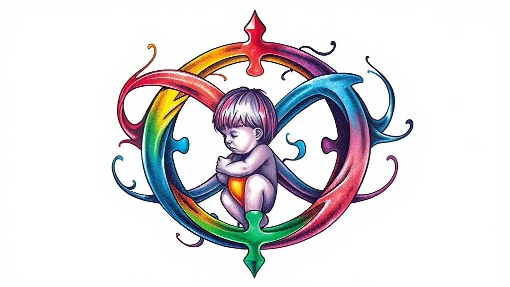 SIMBOLO DEL INFINITO EN COLORES DEL ARCOIRIS DENTRO DEL SIMBOLO IMAGEN DE UN NIÑO Y UNA PIEZA DE ROMPECABEZAS 3D tatuaggio