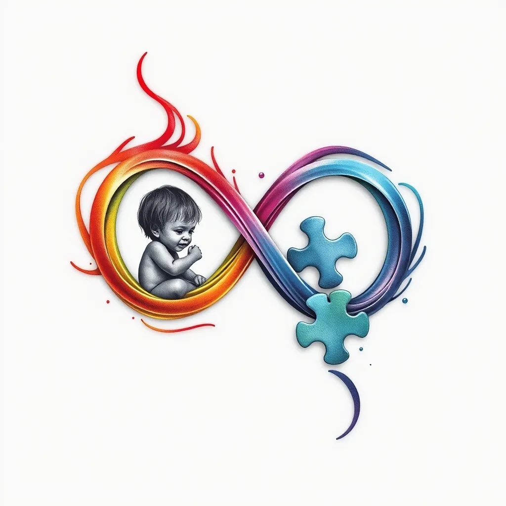 SIMBOLO DEL INFINITO EN COLORES DEL ARCOIRIS CON IMAGEN DE UN NIÑO Y UNA PIEZA DE ROMPECABEZAS  τατουάζ