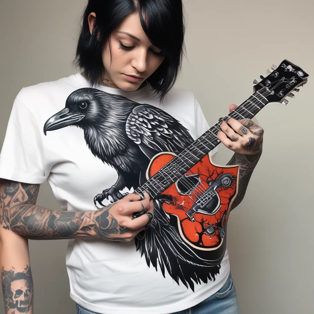 Raven playing guitar tatuering