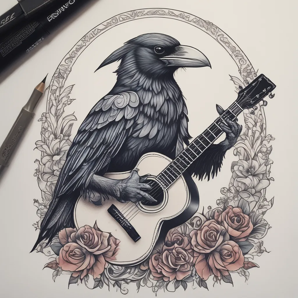 Raven playing guitar Tätowierung