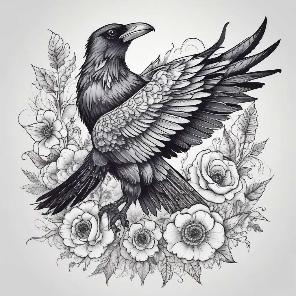 Raven with flowets tatuering