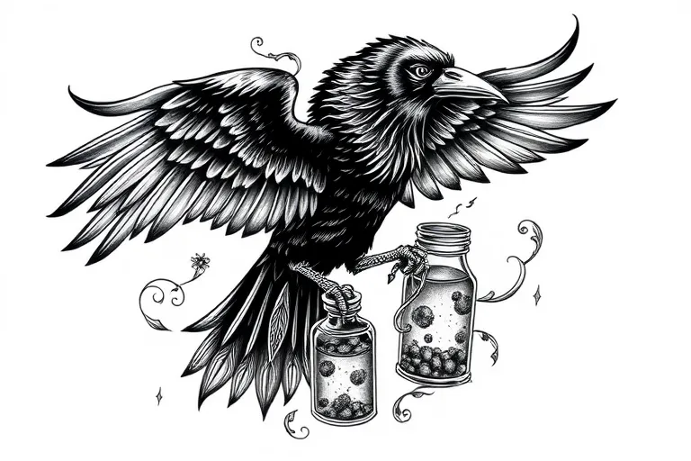 Raven with potions tattoo