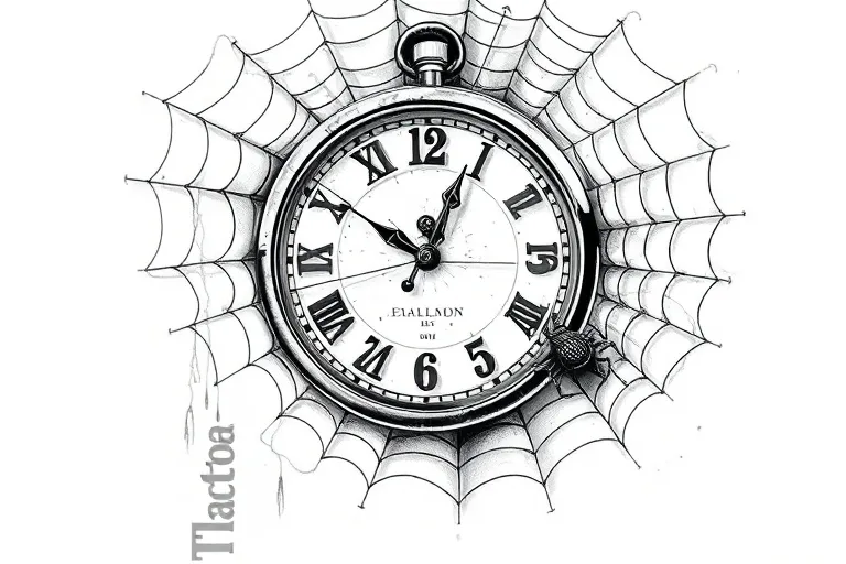 Realistic black and white tattoo of a clock showing 23:53 entangled in a spiderweb, with a spider moving out of the web. The design should fit the shape of a shoulder and upper back (shoulder blade) area 纹身