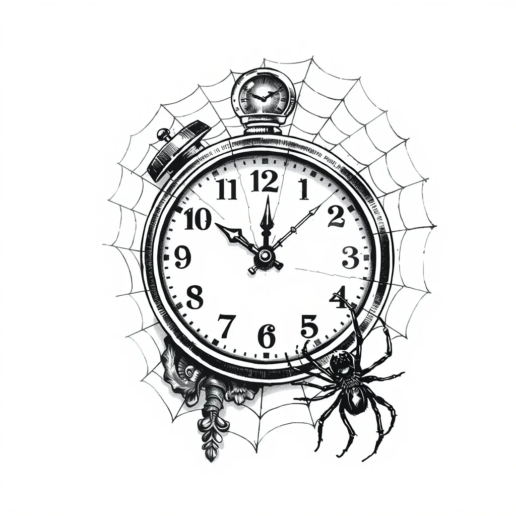 Realistic black and white tattoo of a clock showing 23:53 entangled in a spiderweb, with a spider moving out of the web. The design should fit the shape of a shoulder and upper back (shoulder blade) area 纹身