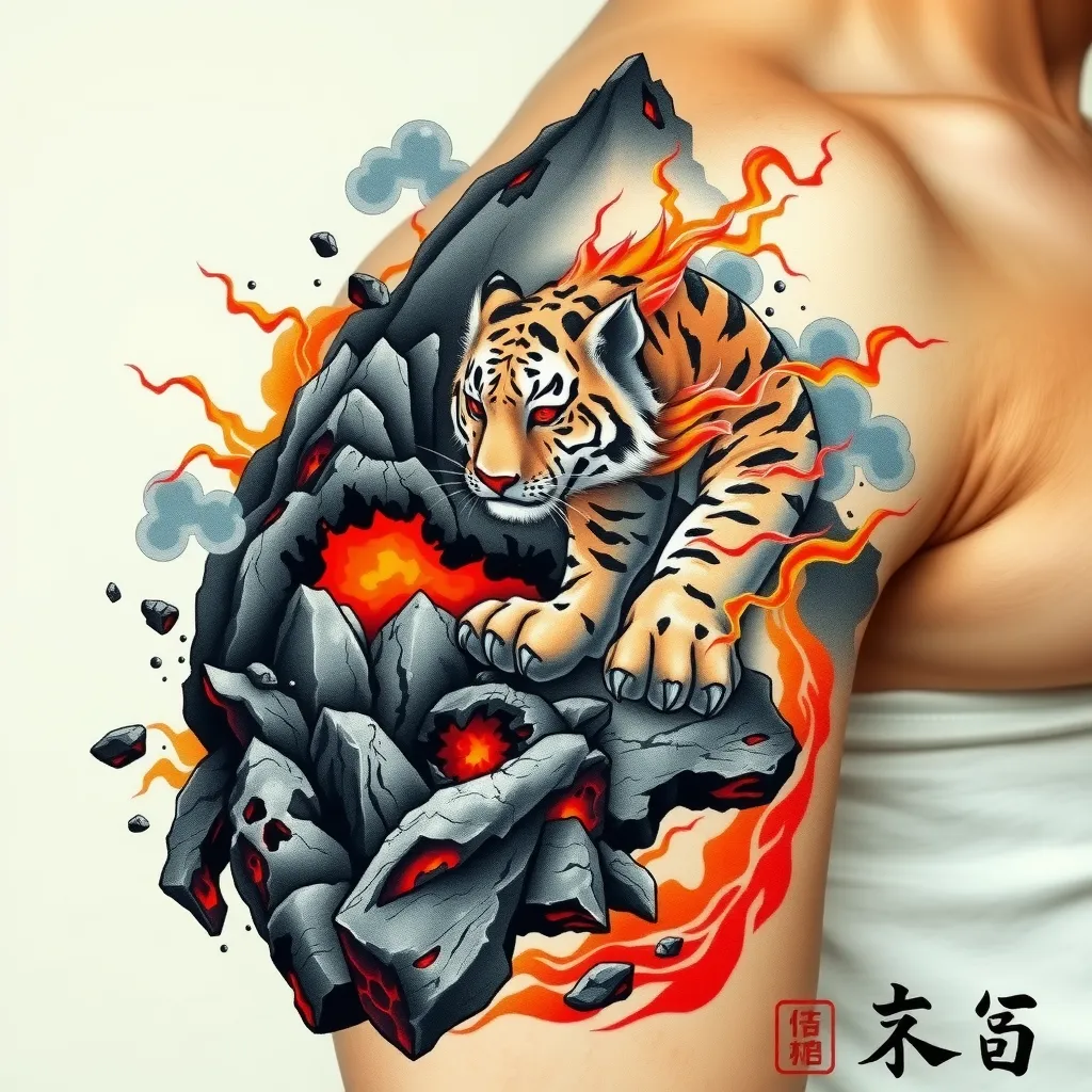 Realistic Chinese ink tattoo design for a male right upper arm
A massive fractured mountain with molten lava flowing inside
Dark volcanic rock with glowing red-orange magma streams
A powerful tiger leaping out from the molten mountain
Muscular body, sharp claws breaking rocks, intense fierce eyes
Lava splashing, fire and smoke swirling in the background
Composition flowing forward and downward, dynamic and aggressive
Traditional Chinese ink wash style mixed with realistic details
Mainly black and grey tones with subtle red and orange highlights
No blue, no green, no cartoon, no text
Cinematic lighting, ultra-detailed, tattoo flash design tatouage
