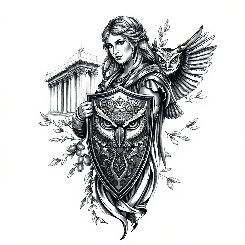 Realistic full-sleeve tattoo of the Greek goddess Athena in armor, holding a shield featuring the face of Medusa, with a detailed owl perched near her shoulder. Ancient Greek architecture and olive branches in the background. Highly detailed, dramatic lighting, black and grey ink style.” टैटू