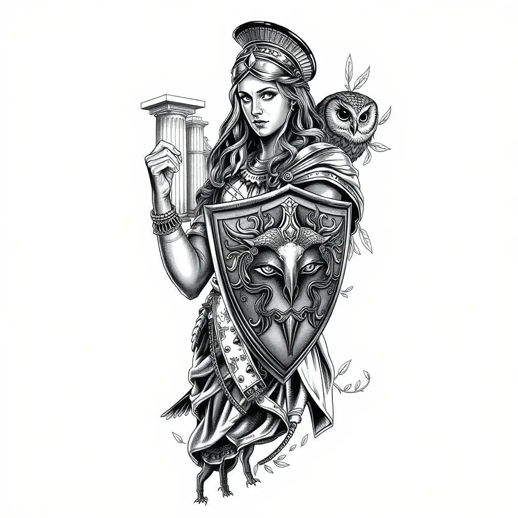 Realistic full-sleeve tattoo of the Greek goddess Athena in armor, holding a shield featuring the face of Medusa, with a detailed owl perched near her shoulder. Ancient Greek architecture and olive branches in the background. Highly detailed, dramatic lighting, black and grey ink style.” tatuaje