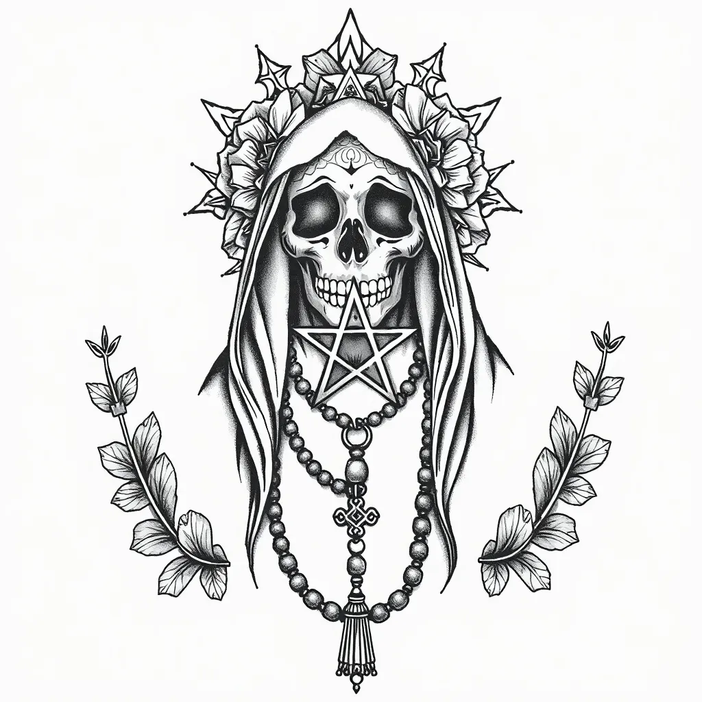 santa muerte realista en donde resalte, pentagrama y un rosario tatouage