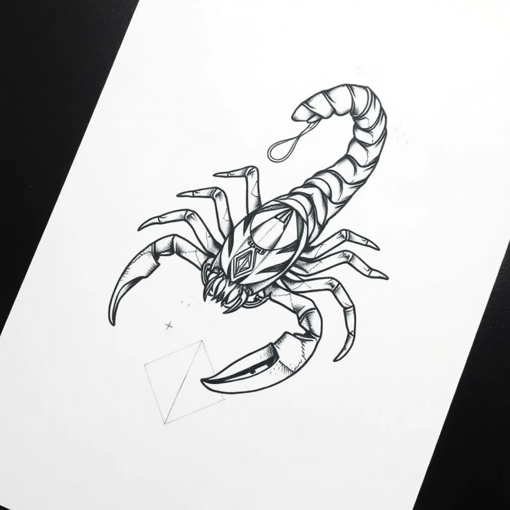 realistic scorpion in the sea, linear style tatuaggio