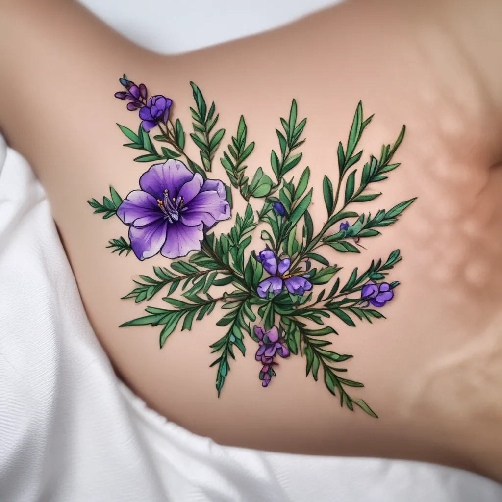 Realistic sprig of Rosemary with purple flowers  tatouage