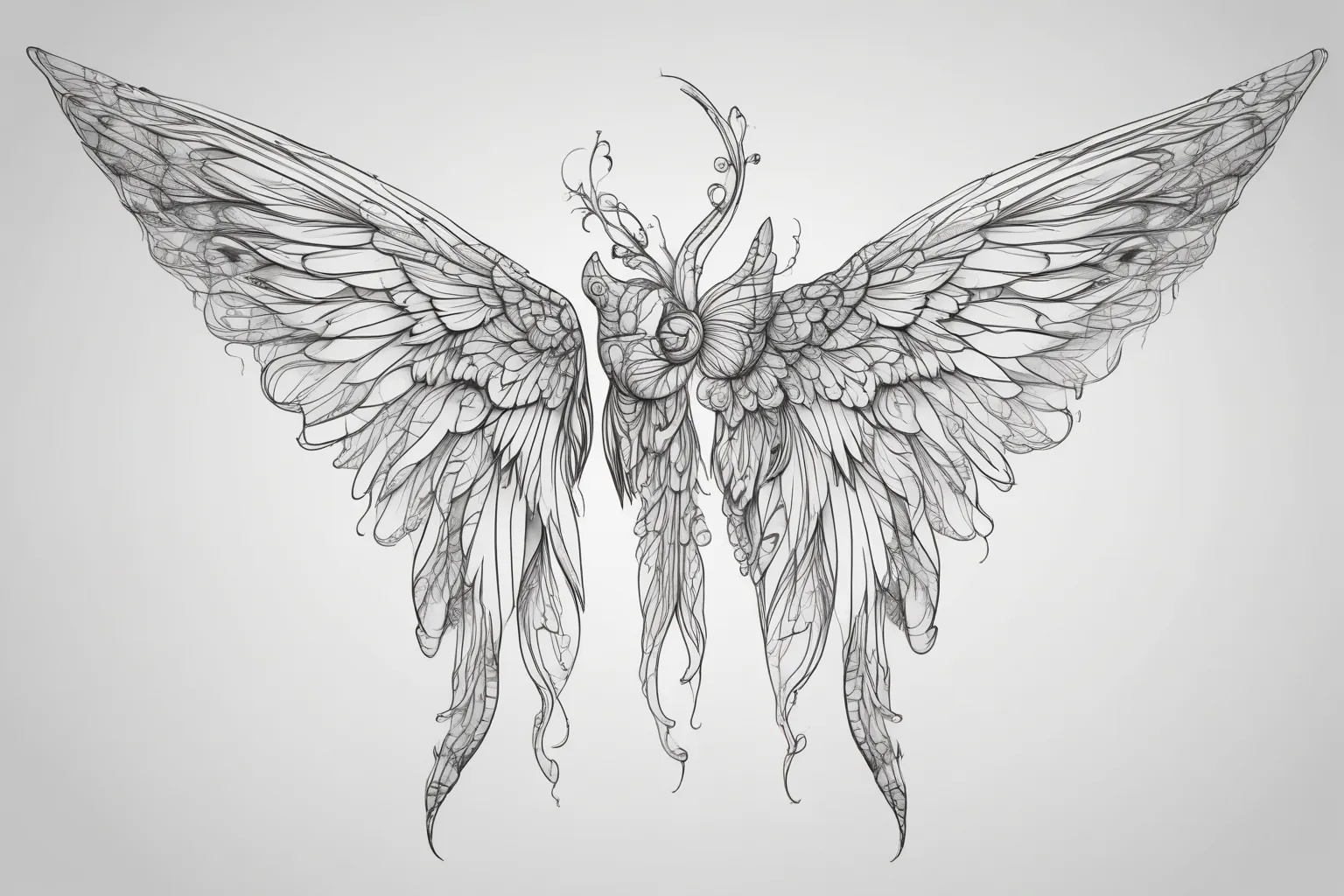 realistic tall pair of fairy wings in white and black colors like a tattoo tattoo