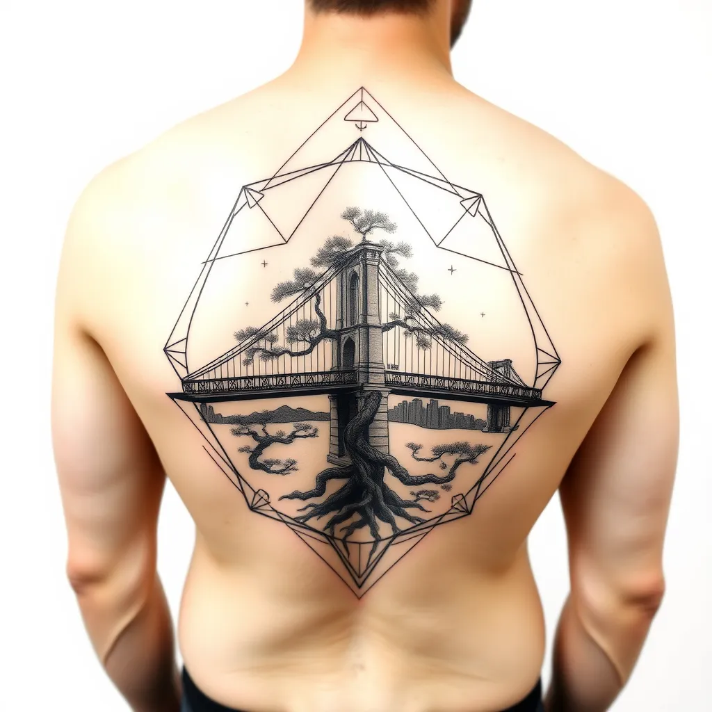 realistic tattoo for men on back with with brooklyn bridge and bonsai tree टैटू