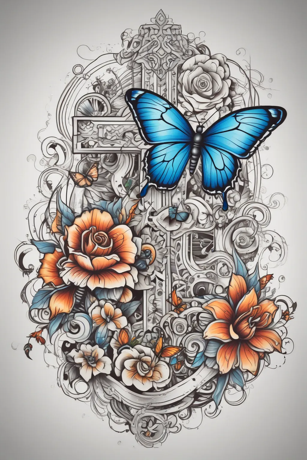 religious cross and butterfly tatuagem