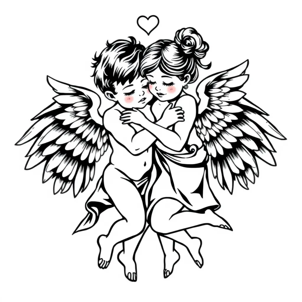 Retro black and white vector illustration, Cupid boys and girls hugging together, with wings, dynamic tattoo