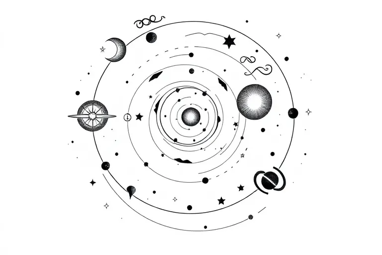 
Überarbeitete Beschreibung für ein Tattoo mit kosmischem Thema:

Eine minimalistische Darstellung des Universums, die Ästhetik und Symbolik miteinander vereint. Im Zentrum des Designs steht eine stilisierte Spirale, die eine Galaxie repräsentiert. Um diese Galaxie winden sich feine, geschwungene Linien, die als Umlaufbahnen dienen. Sie rahmen verschiedene Himmelskörper ein: einen schimmernden Mond, eine strahlende Sonne, kleine funkelnde Sterne und einen Planeten mit prächtigen Ringen.

Die äußeren Bereiche des Designs sind mit Punkten und geometrischen Mustern versehen, die den Eindruck von Unendlichkeit und Harmonie vermitteln. Nebelartige Schwaden fließen organisch durch das Bild, verbinden die Elemente und schaffen eine räumliche Tiefe. Eingestreute schwarze Löcher sorgen für eine kontrastreiche Balance und betonen die mystische Wirkung des Tattoos.

Optionen für den Stil:

Schwarz-weiß: Für eine schlichte, zeitlose Eleganz, bei der die Linien im Fokus stehen.
Farbliche Akzente: Leuchtende Farben für Sterne, Planetenringe und Nebel, um mehr Lebendigkeit zu erzeugen.
Platzierung: Optimal für den Unterarm, den Nacken oder die Schulterpartie, wo die geschwungenen Linien dem natürlichen Fluss des Körpers folgen können.

Zusätzliche Details:

Kleine Symbole wie ein Unendlichkeitszeichen oder ein Herzschlag-Motiv können eingefügt werden, um eine persönliche Verbindung zum Universum zu schaffen.
Feine Texturen innerhalb der Spirale und der Planetenringe könnten Tiefe und Bewegung betonen.
Dieses Design verbindet kosmische Elemente mit minimalistischem Stil und verleiht dem Träger eine persönliche Verbindung zur unendlichen Weite des Universums. tattoo