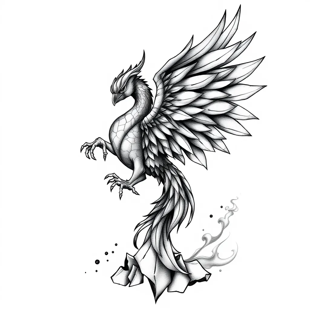 Rising phoenix from cracked ice shards. Cracked shards as body armor and fades into the cracked ice at bottom. Metallic ice feathers. With fading smoke in background stemming from wings.  tattoo