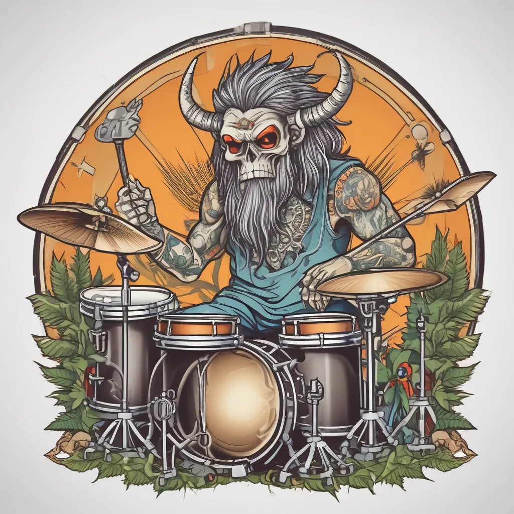 Rock n roll drummer play drums , vinyl and weed background  tatouage