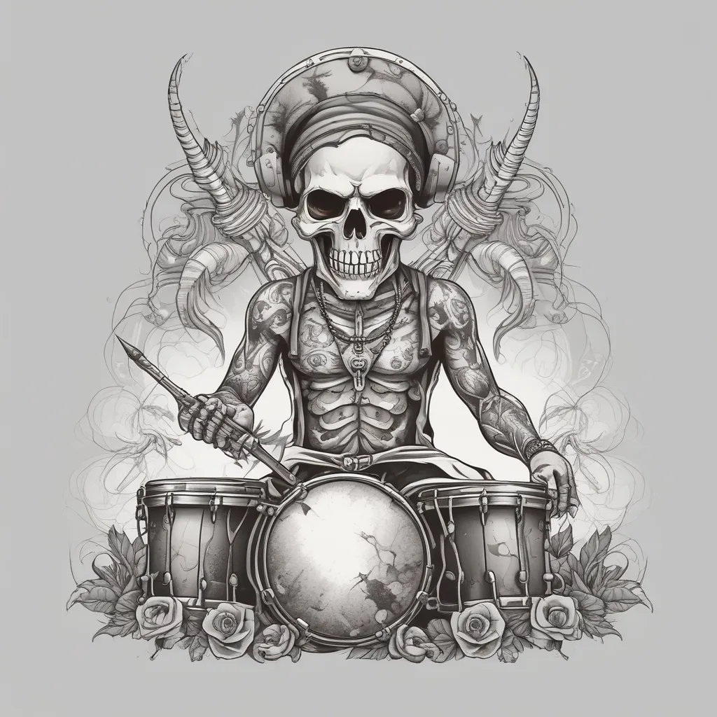 Rock n roll drummer, vinyl and weed background, skull and smoke tatuering