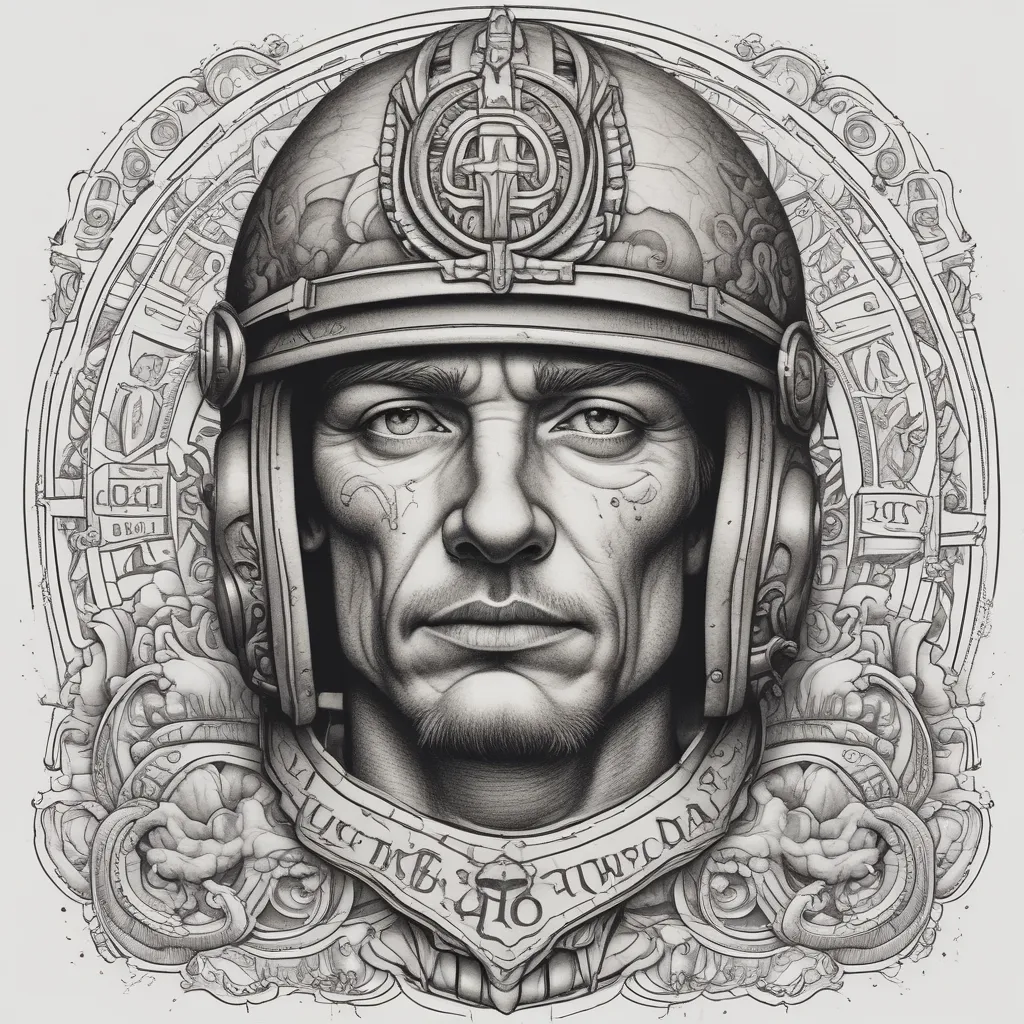 General romano con casco de león y la frase Facta non verba tatuaggio