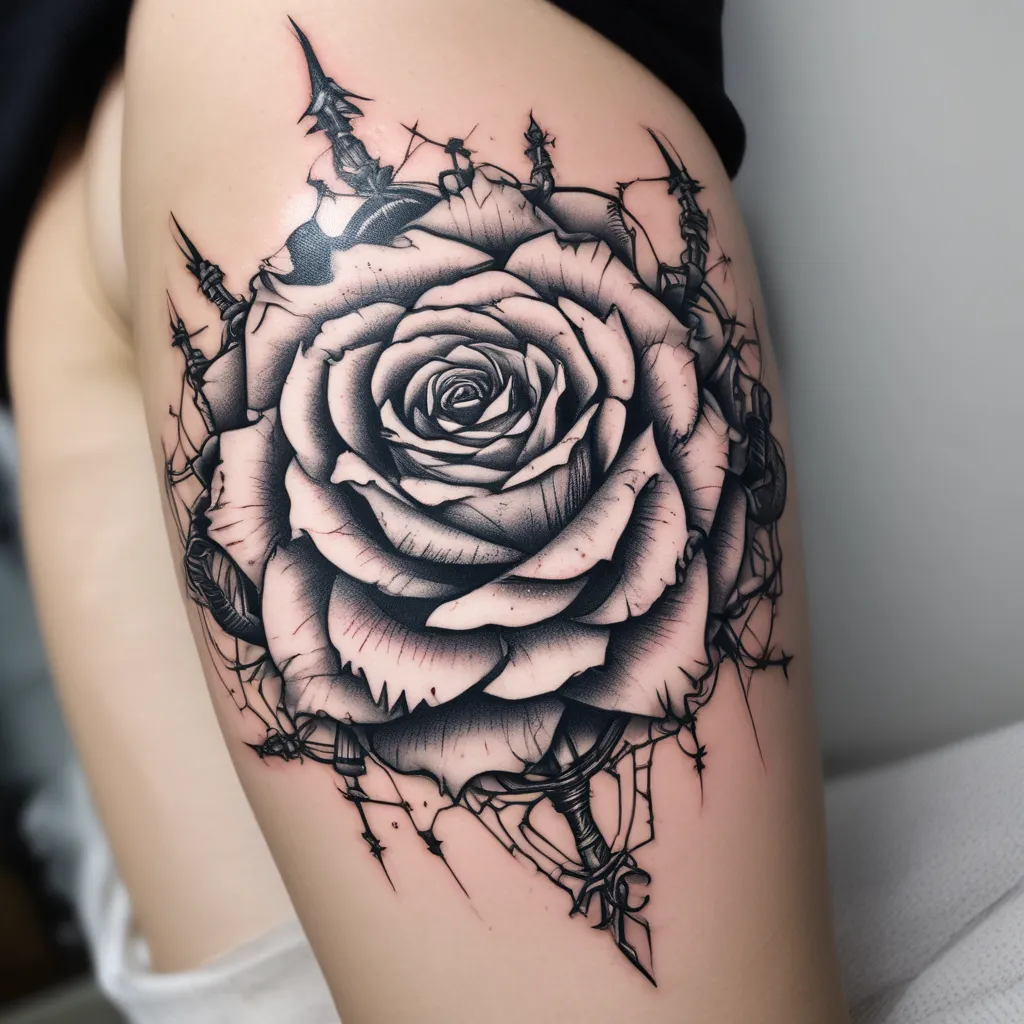 Rose with barbed wire instead of thorns tattoo
