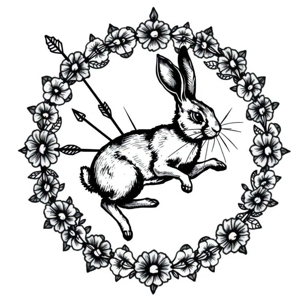 Running hare(rabbit) in etching woodwork style. Rabbit is in the center of a floral wreath circle. There are 5 arrows coming at and through the floral wreath. tattoo